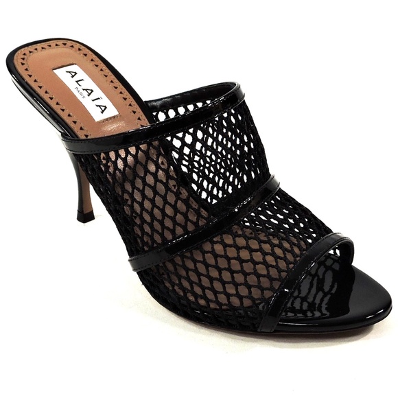 ALAIA 🇮🇹 WOMEN'S BLACK LEATHER AND FABRIC FASHION COMFORT MULES - Picture 2 of 9